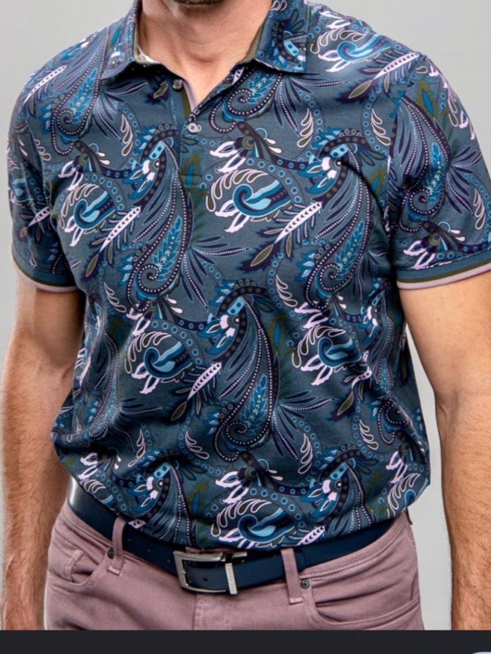 Ted Baker Mens Paisley Polo Button Down Blue & Green Size 2